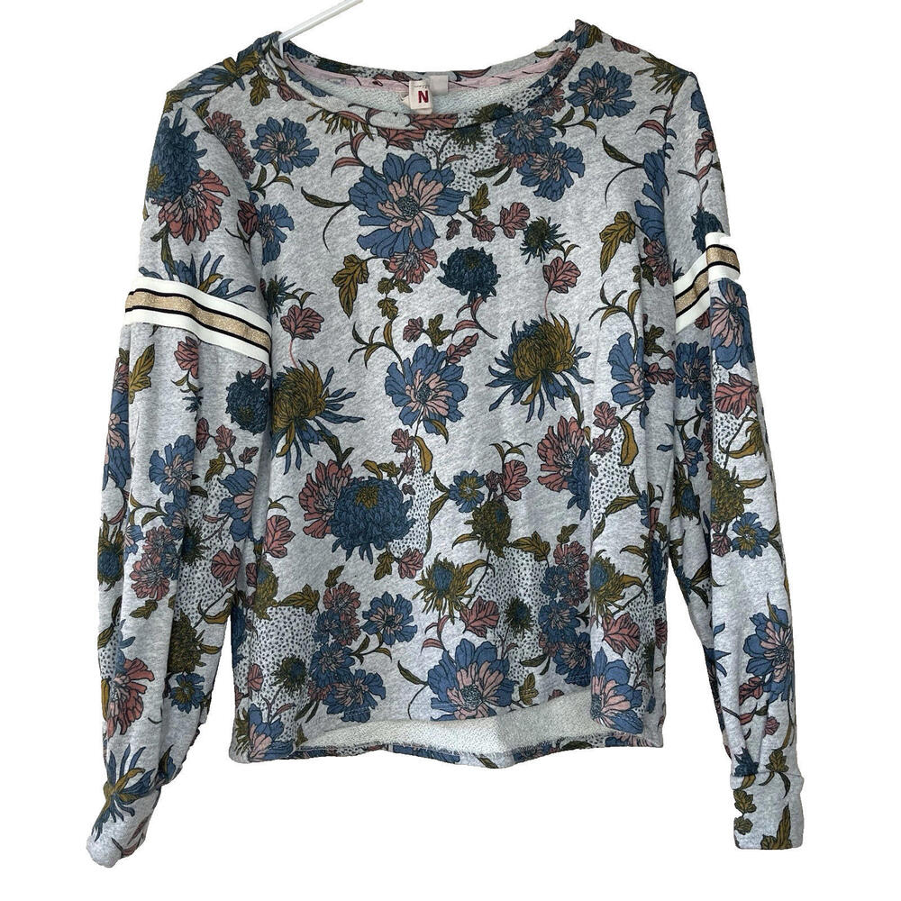 Dolan Anthropologie Floral Gray Multicolor Long Sleeve Round Neck Blouse Size S